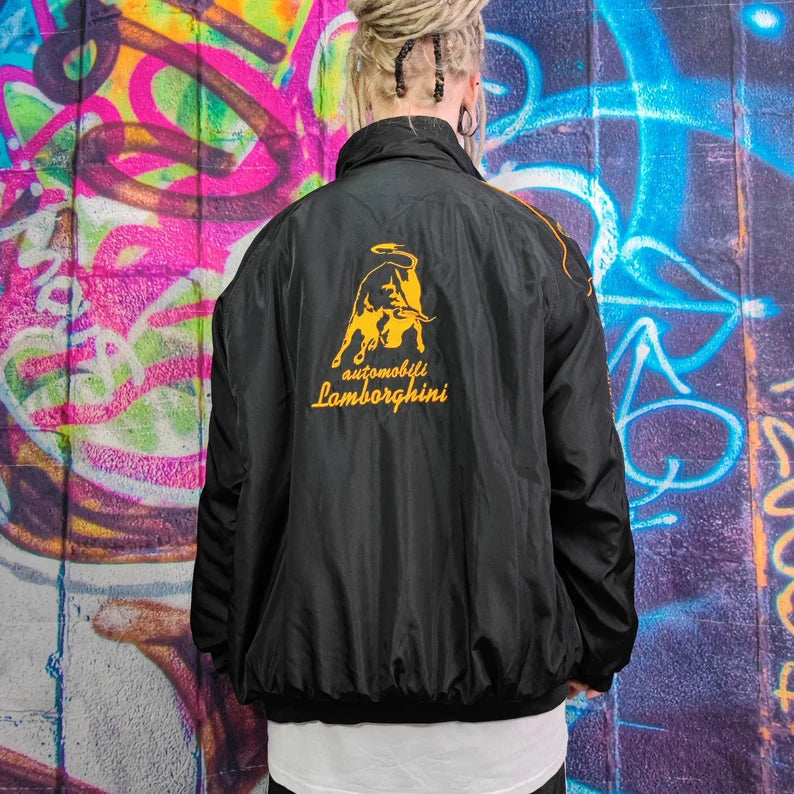Lamborghini Racing Team Jacket – Black Motorsport Zip-Up with Gold Embroidered Logos